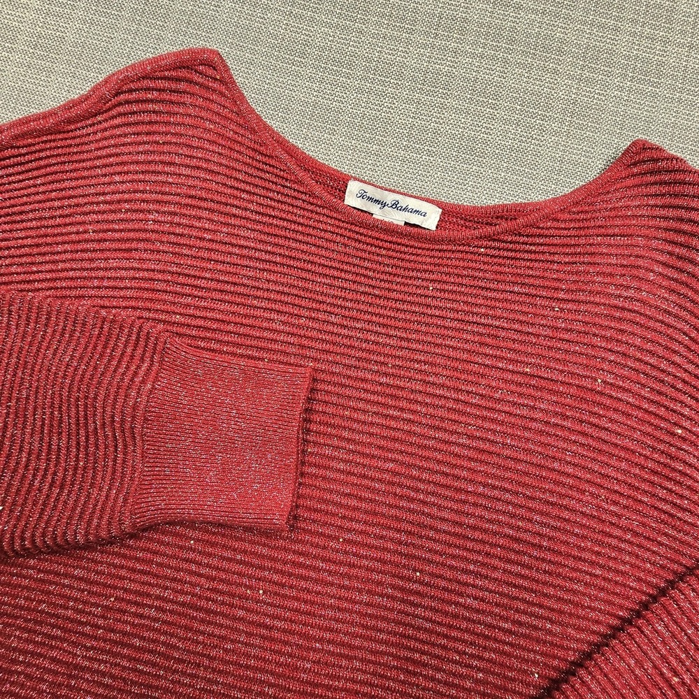 Tommy Bahama Sweater Womens Large Red Metallic Ribbed Knit Boat Neck Pullover